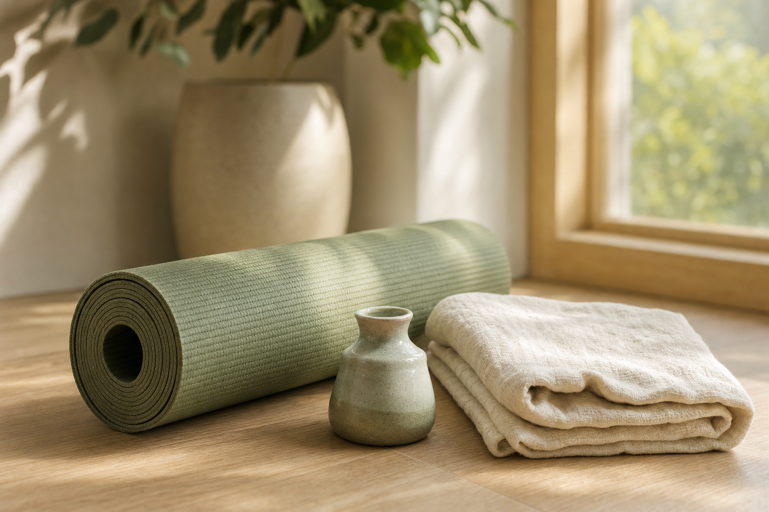 A folded linen towel, sage yoga mat, and small ceramic vessel in soft window light.